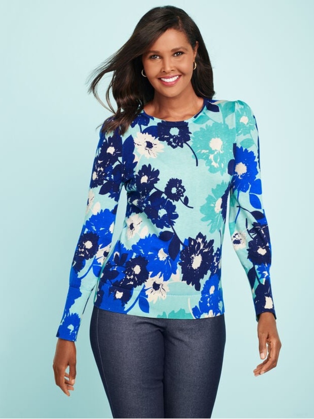 Talbots Blue Abstract Floral Puff Sleeve Sweater Lightweight Cotton Size XL